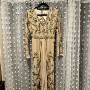 Elegant Beige and Gold Embellished Dress